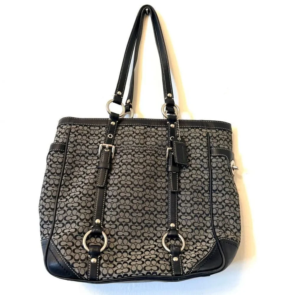 Vintage Coach Signature Gallery Monogram Canvas Leather Black Gray Tote Bag